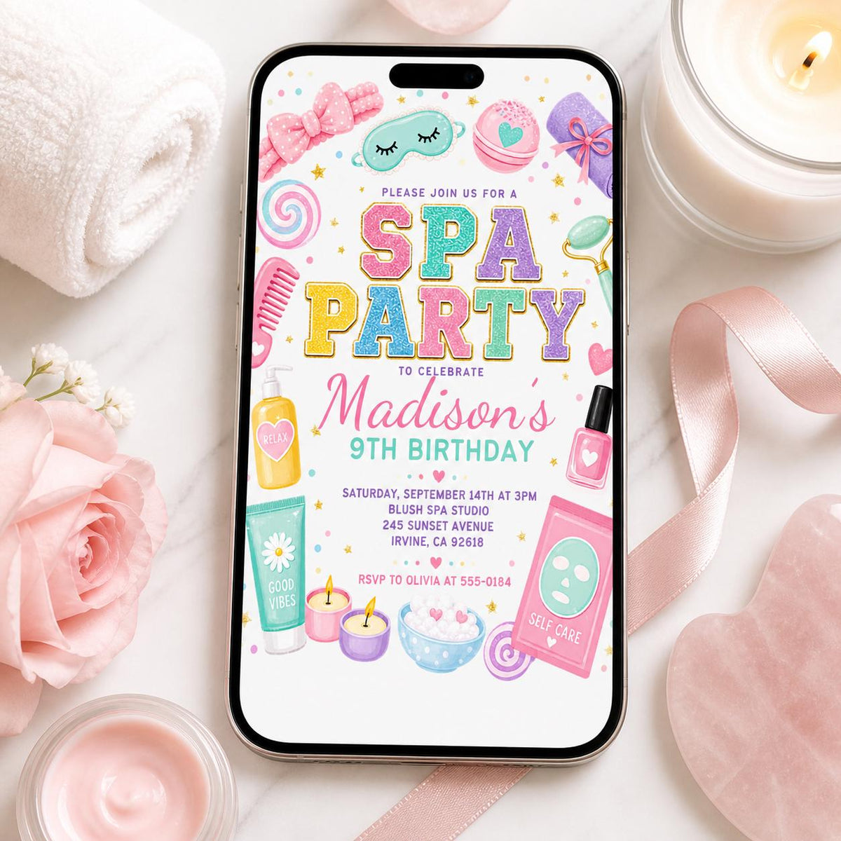 Pastel Spa Party 9th Birthday Invitation — skincare artwork in mint and pink