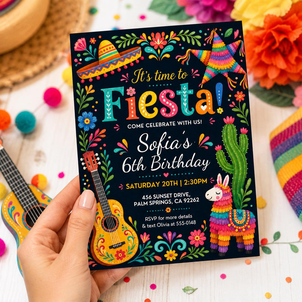 Black Floral Fiesta 6th Birthday Invitation — print-ready 6th birthday party design from VoltBy