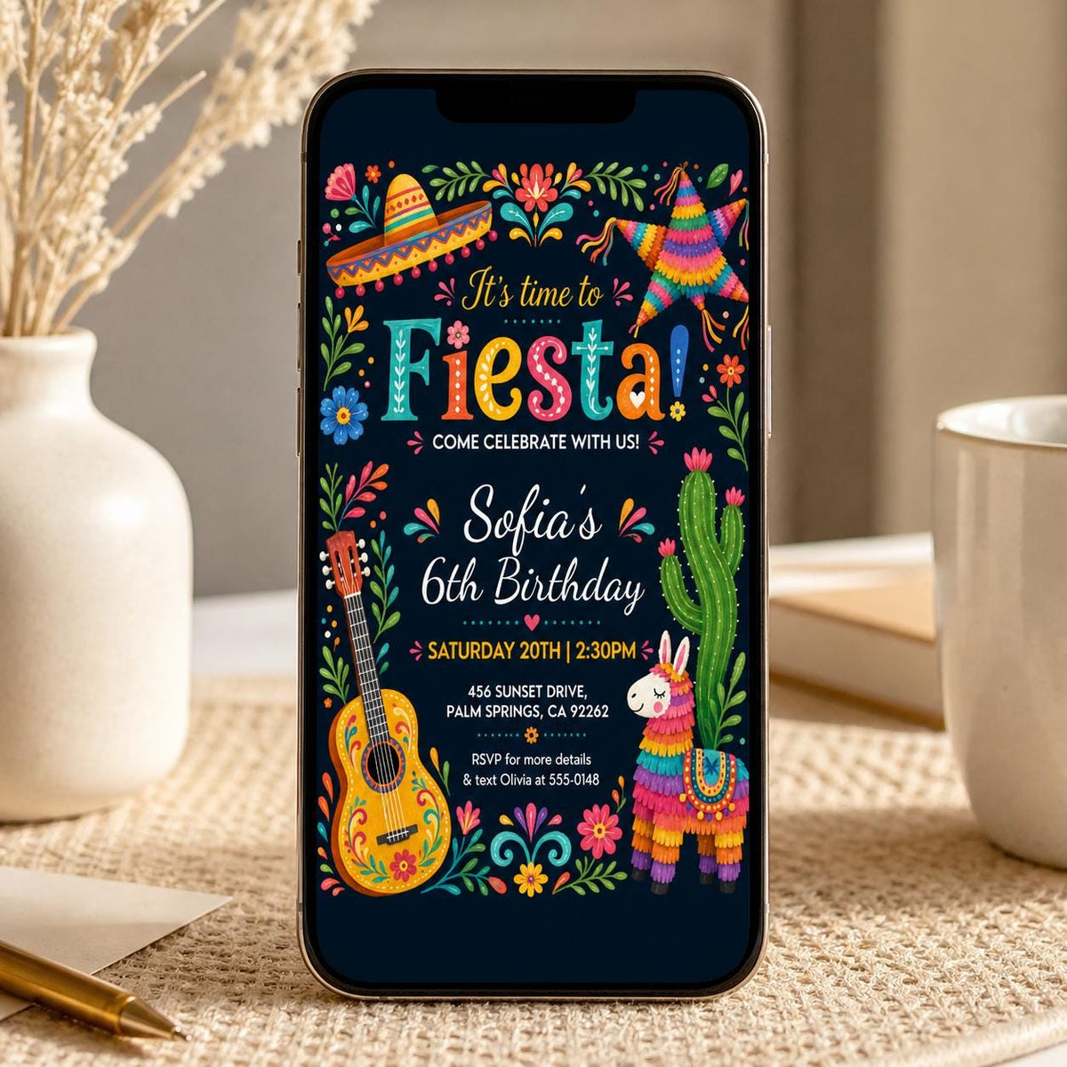 Black Floral Fiesta 6th Birthday Invitation — digital invitation, instant download