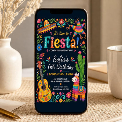 Black Floral Fiesta 6th Birthday Invitation — digital invitation, instant download