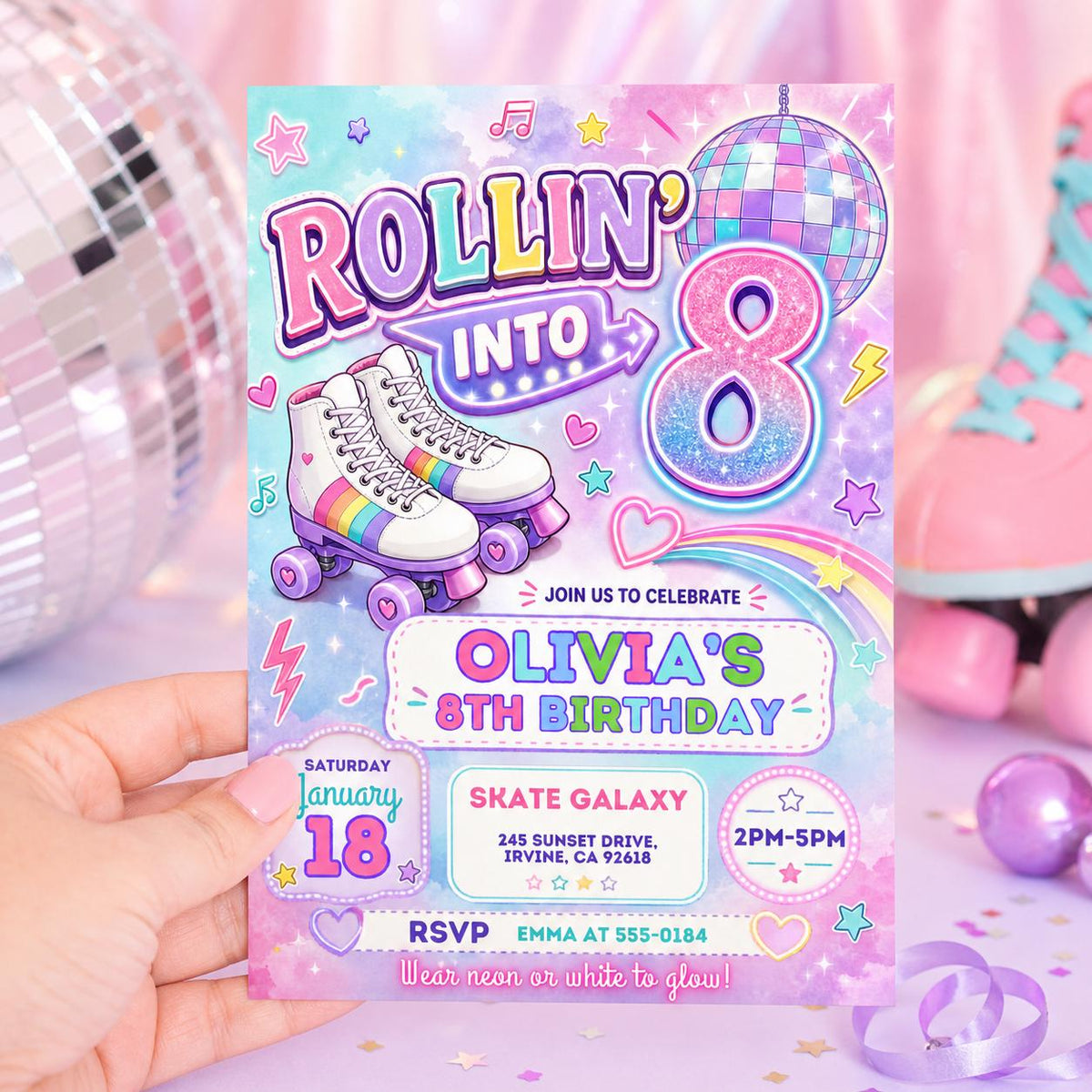 Pastel Roller Skate 8th Birthday Invitation with Disco Ball — print-ready 8th birthday party design from VoltBy