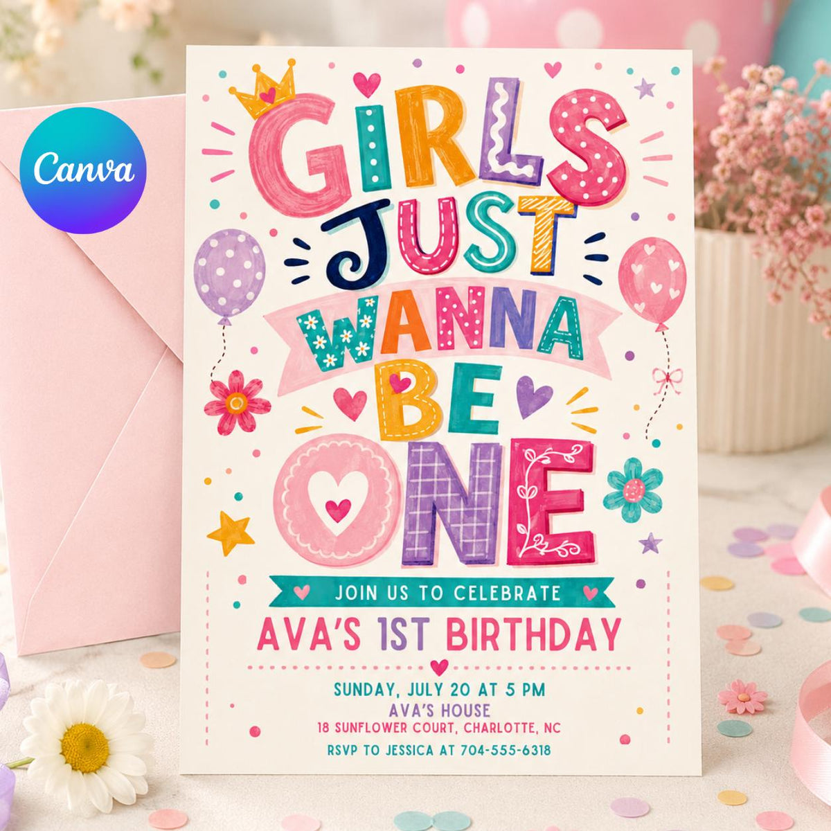 Colorful Retro Girls Just Wanna Be One 1st Birthday Invitation — editable Canva template