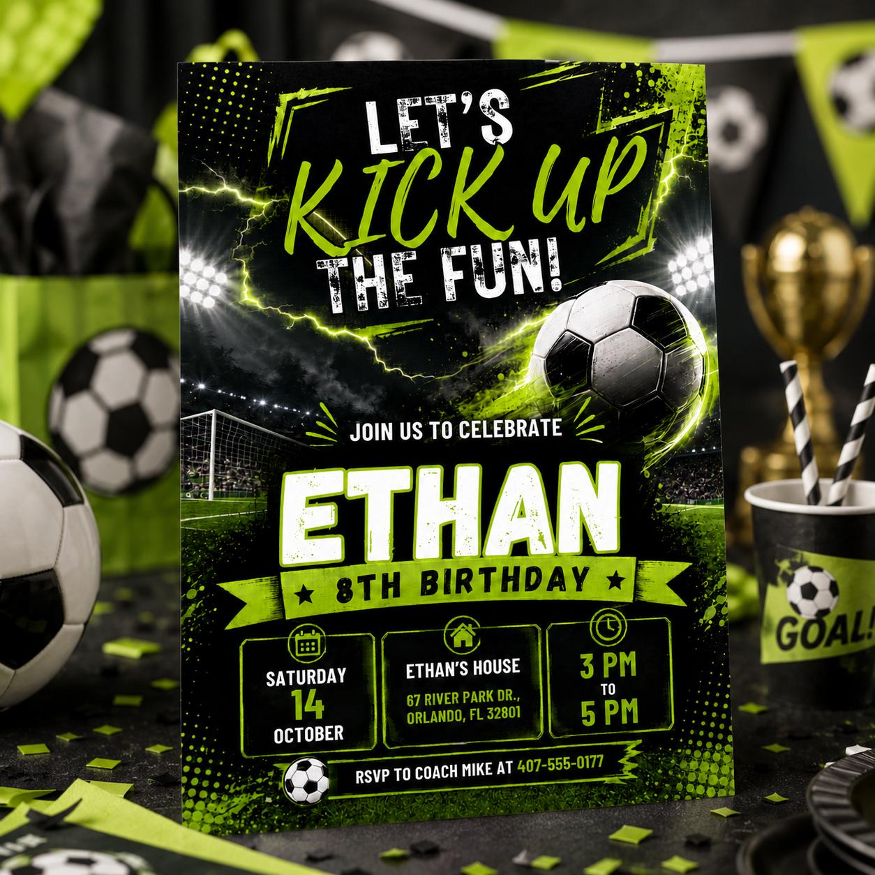 Editable Soccer Birthday Invitation, Let's Kick It Party Invite, Kids Football Birthday, Canva Template, Soccer Birthday , Sports Theme Boy __etsy:8034601956