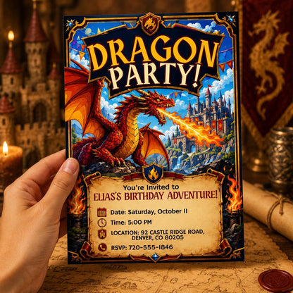Fire-Breathing Dragon Birthday Invitation with Castle — digital invitation, instant download