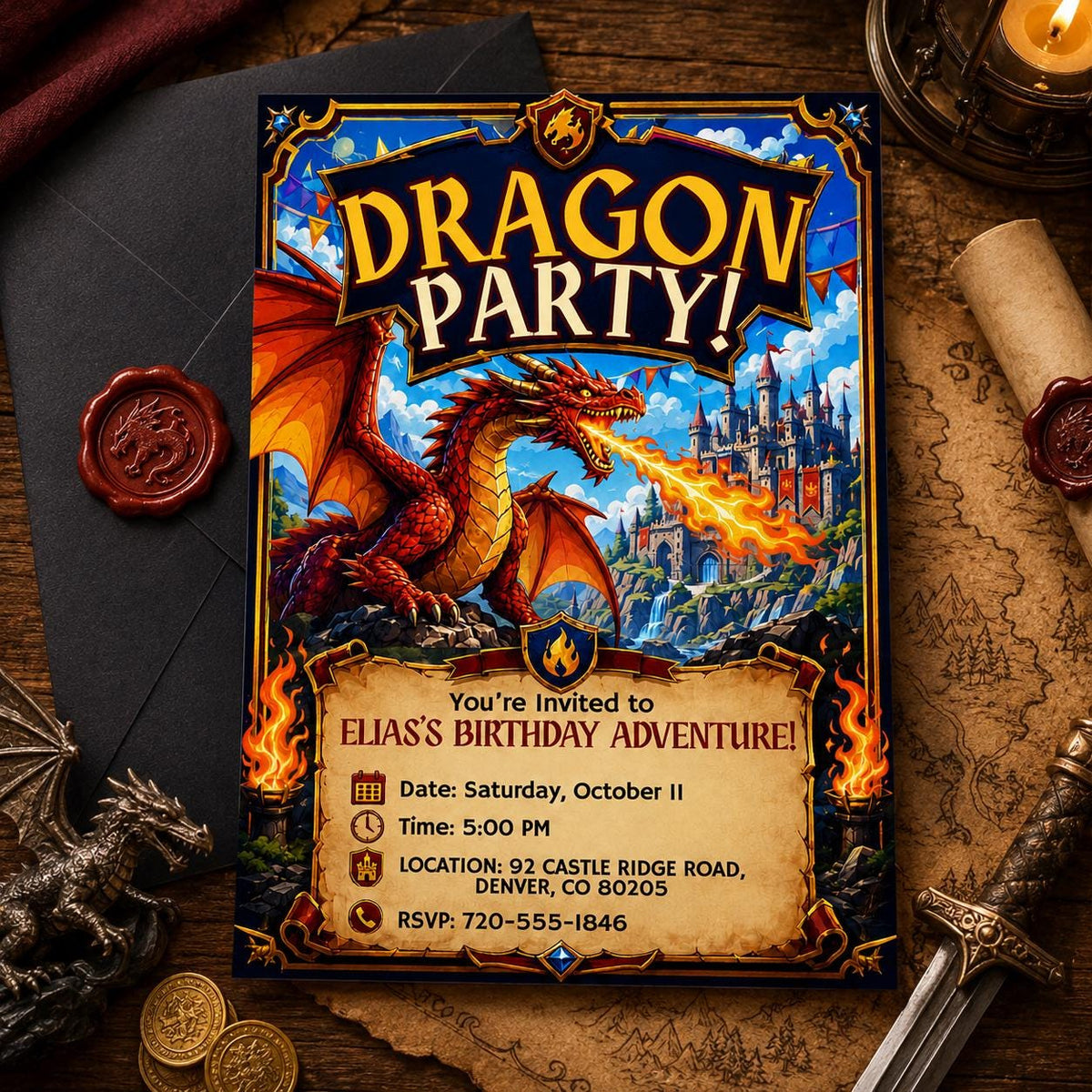 Fire-Breathing Dragon Birthday Invitation with Castle — print-ready birthday party design from VoltBy