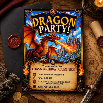 Fire-Breathing Dragon Birthday Invitation with Castle — print-ready birthday party design from VoltBy