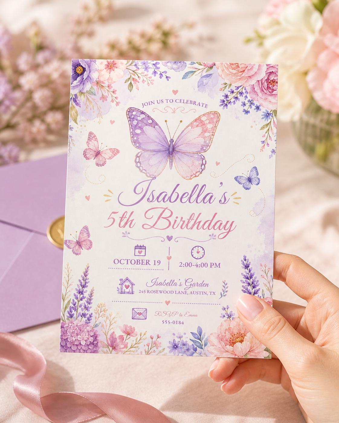 Watercolor Butterfly 5th Birthday Invitation with Lavender Flowers — digital invitation, instant download