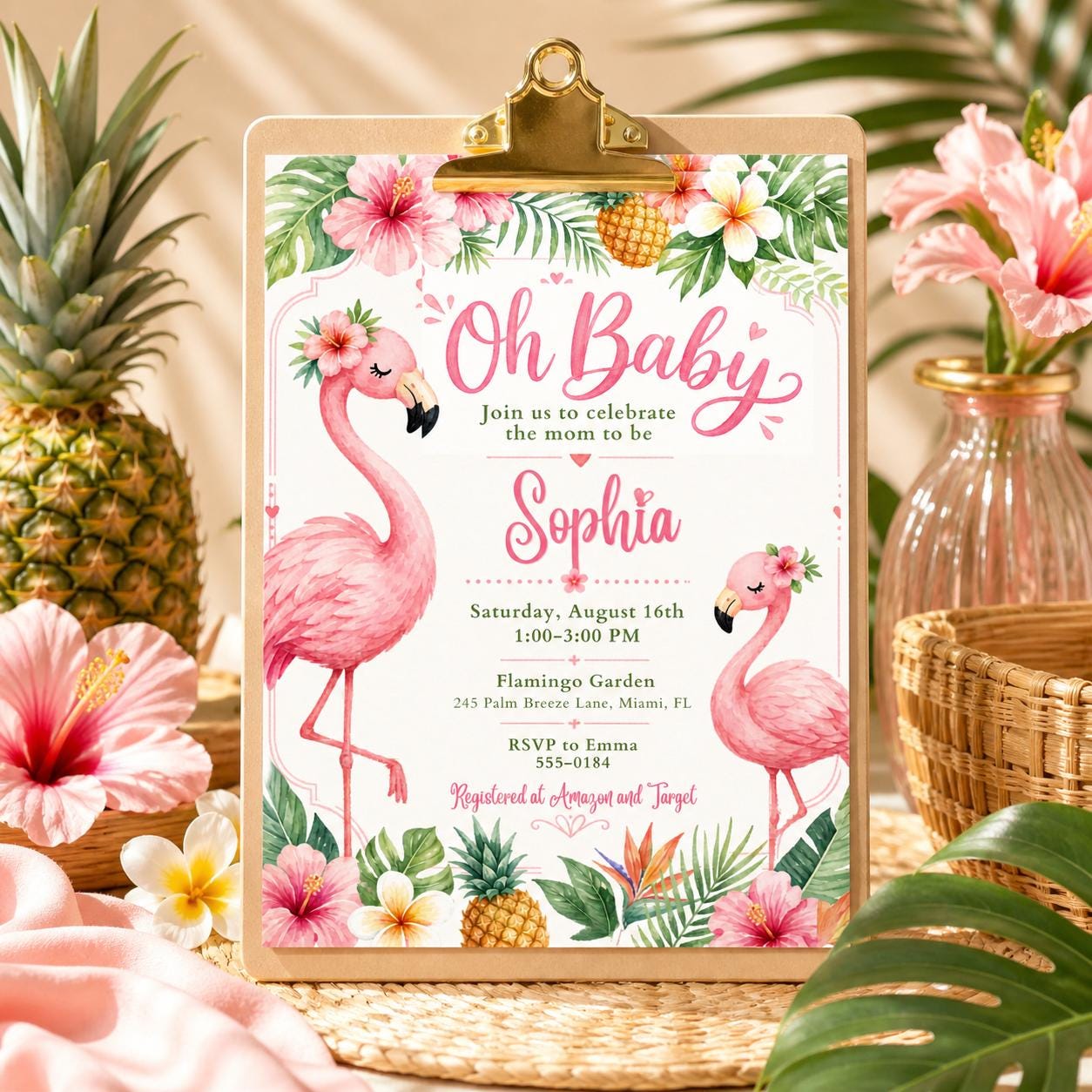 Flamingo Oh Baby it's a Girl baby shower invitation, girl summer invite, digital printable, corjl editable, pink flamingos, Canva Template __etsy:8035841143