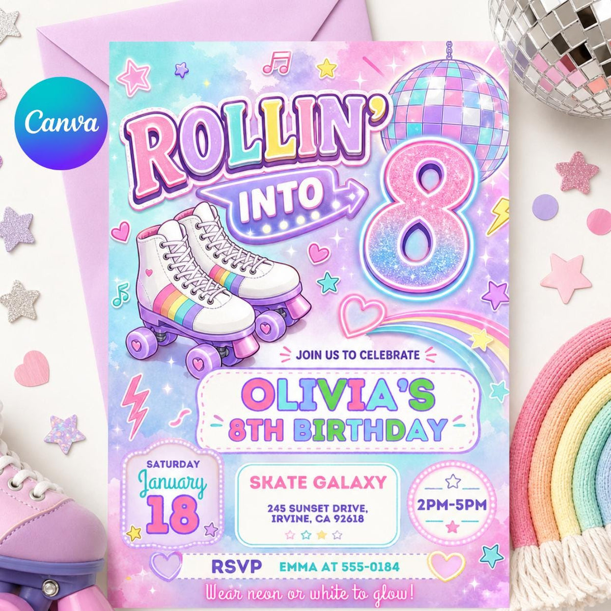 Pastel Roller Skate 8th Birthday Invitation with Disco Ball — editable Canva template
