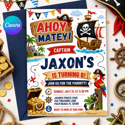 Ahoy Matey Pirate 6th Birthday Invitation with Ship and Parrot — editable Canva template