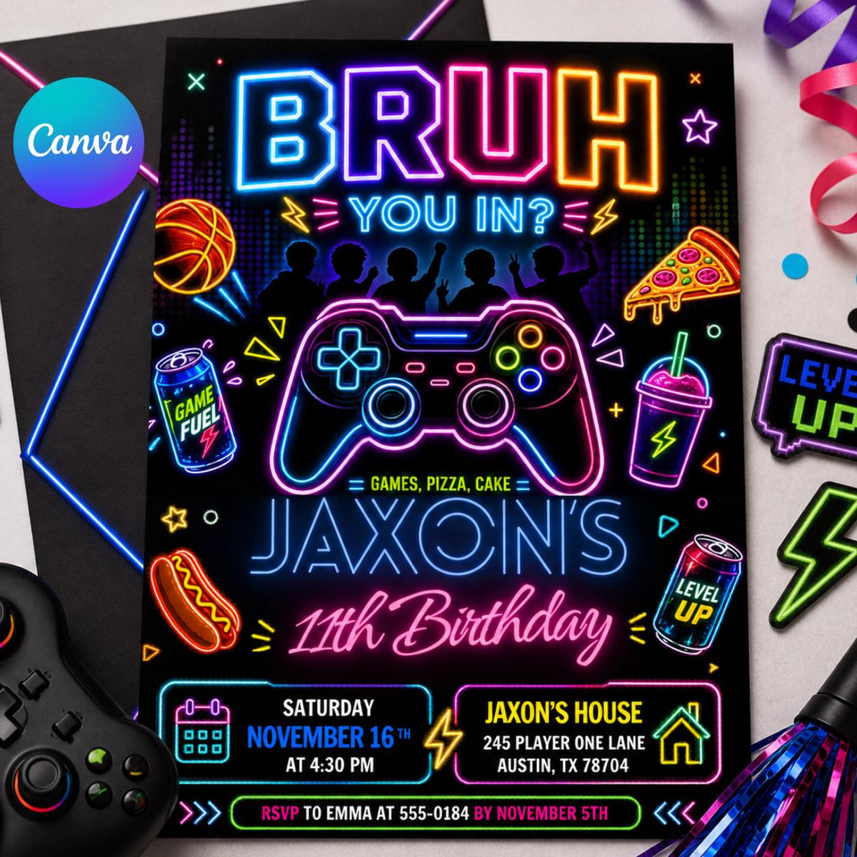 Neon Bruh Gaming 11th Birthday Invitation — editable Canva template