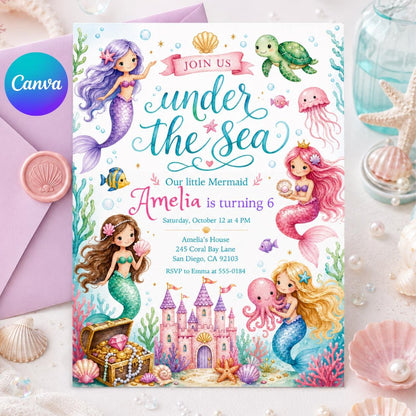 Mermaid Castle Under the Sea 6th Birthday Invitation — editable Canva template