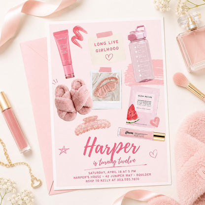Long Live Girlhood 12th Birthday Spa Invitation — bow and skincare artwork in pink and white