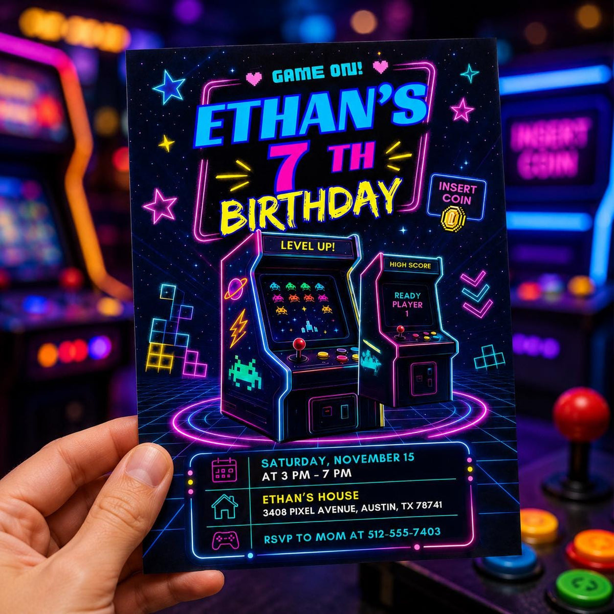Purple Arcade Cabinet 7th Birthday Invitation — invitation you personalize in Canva