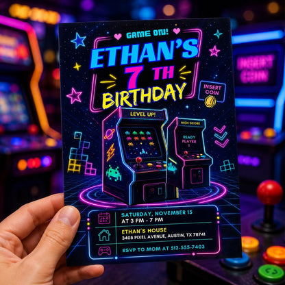 Purple Arcade Cabinet 7th Birthday Invitation — invitation you personalize in Canva