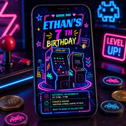 Purple Arcade Cabinet 7th Birthday Invitation — neon 7th birthday party design