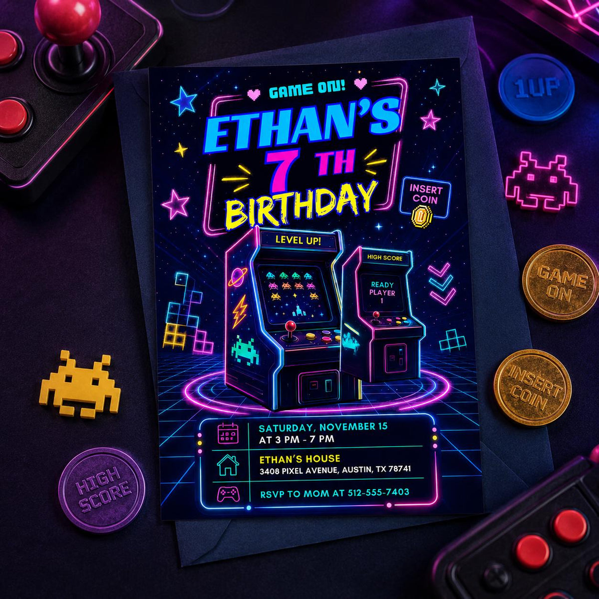 Purple Arcade Cabinet 7th Birthday Invitation — print-ready 7th birthday party design from VoltBy