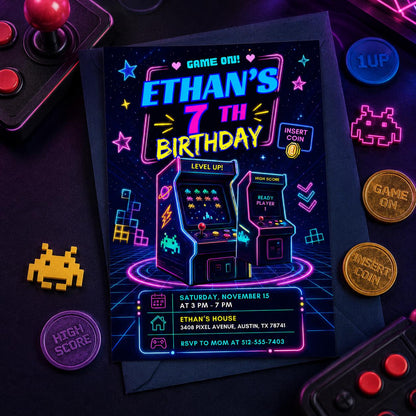 Purple Arcade Cabinet 7th Birthday Invitation — print-ready 7th birthday party design from VoltBy