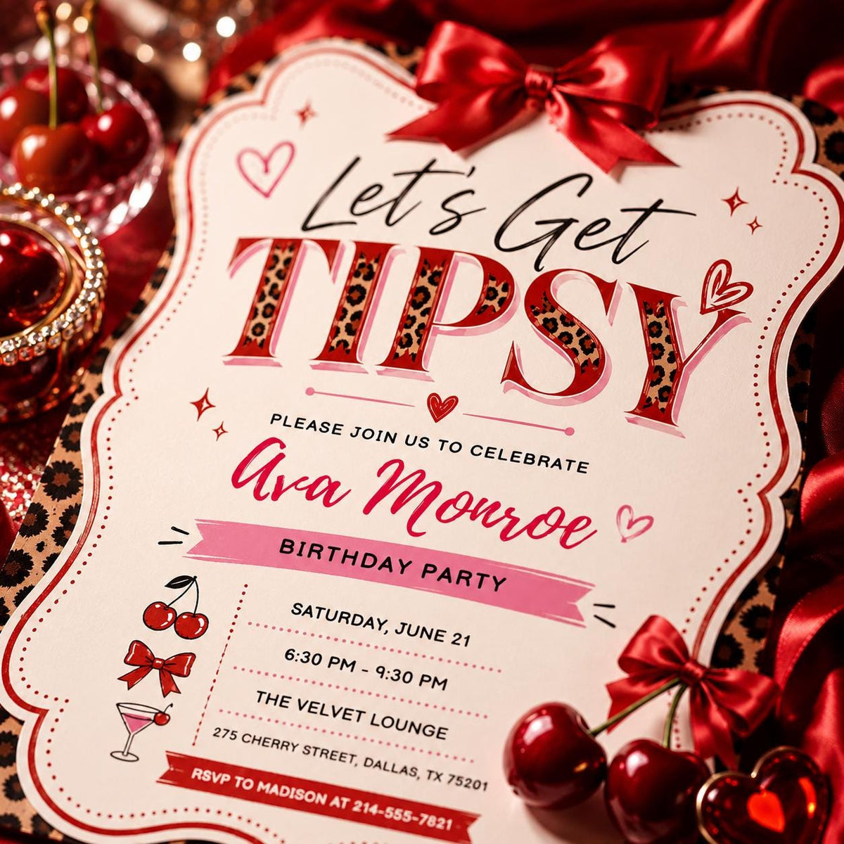Leopard Cherry Let's Get Tipsy Birthday Invitation with Red Bow — print-ready birthday party design from VoltBy