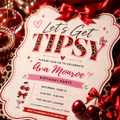 Leopard Cherry Let's Get Tipsy Birthday Invitation with Red Bow — print-ready birthday party design from VoltBy