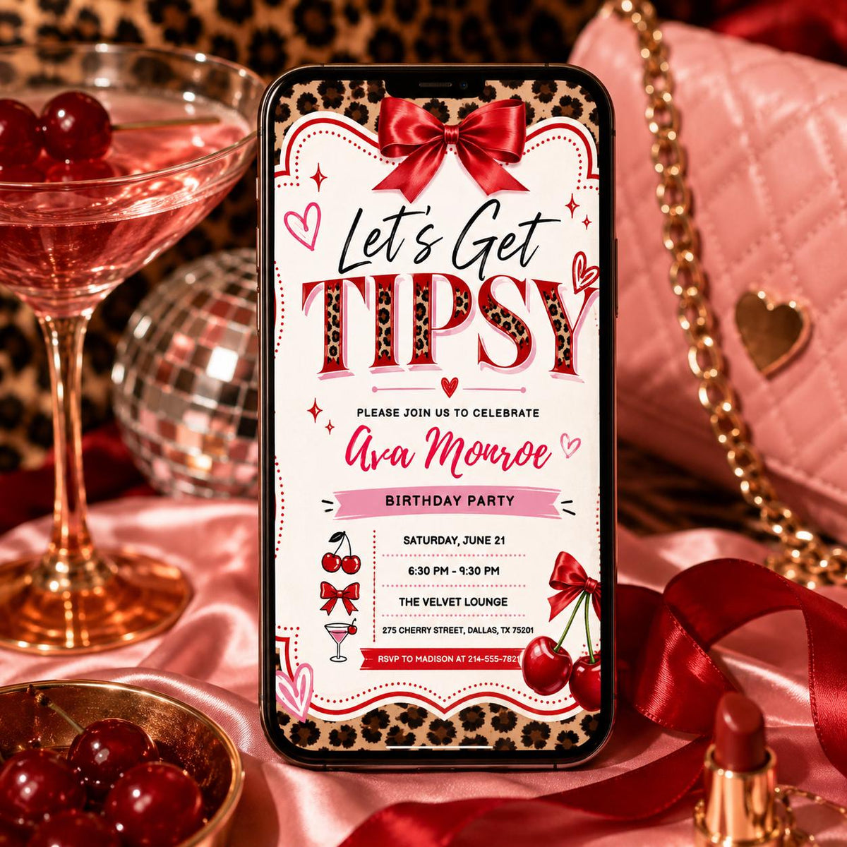 Leopard Cherry Let's Get Tipsy Birthday Invitation with Red Bow — digital invitation, instant download