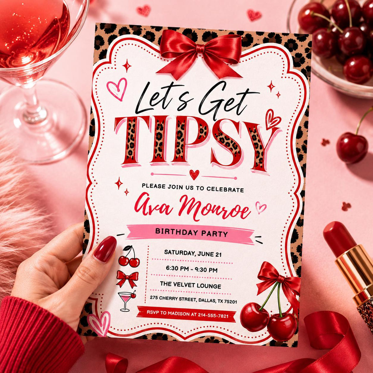 Leopard Cherry Let's Get Tipsy Birthday Invitation with Red Bow — birthday party stationery by VoltBy