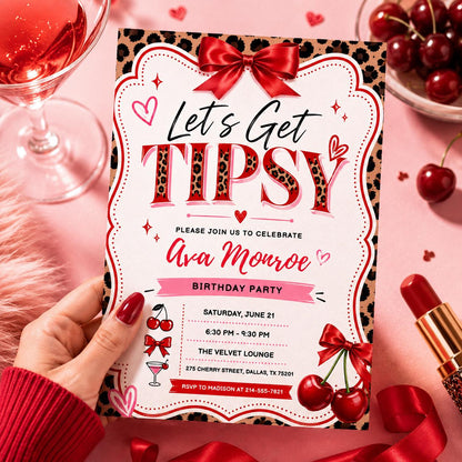 Leopard Cherry Let's Get Tipsy Birthday Invitation with Red Bow — birthday party stationery by VoltBy