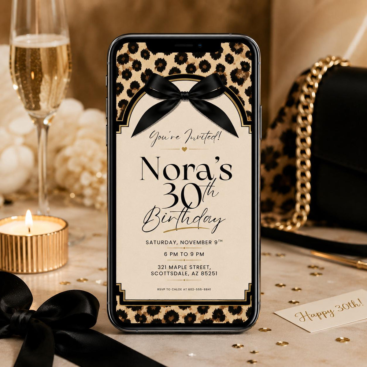 Leopard Print Black Bow 30th Birthday Invitation — invitation you personalize in Canva