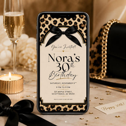 Leopard Print Black Bow 30th Birthday Invitation — invitation you personalize in Canva