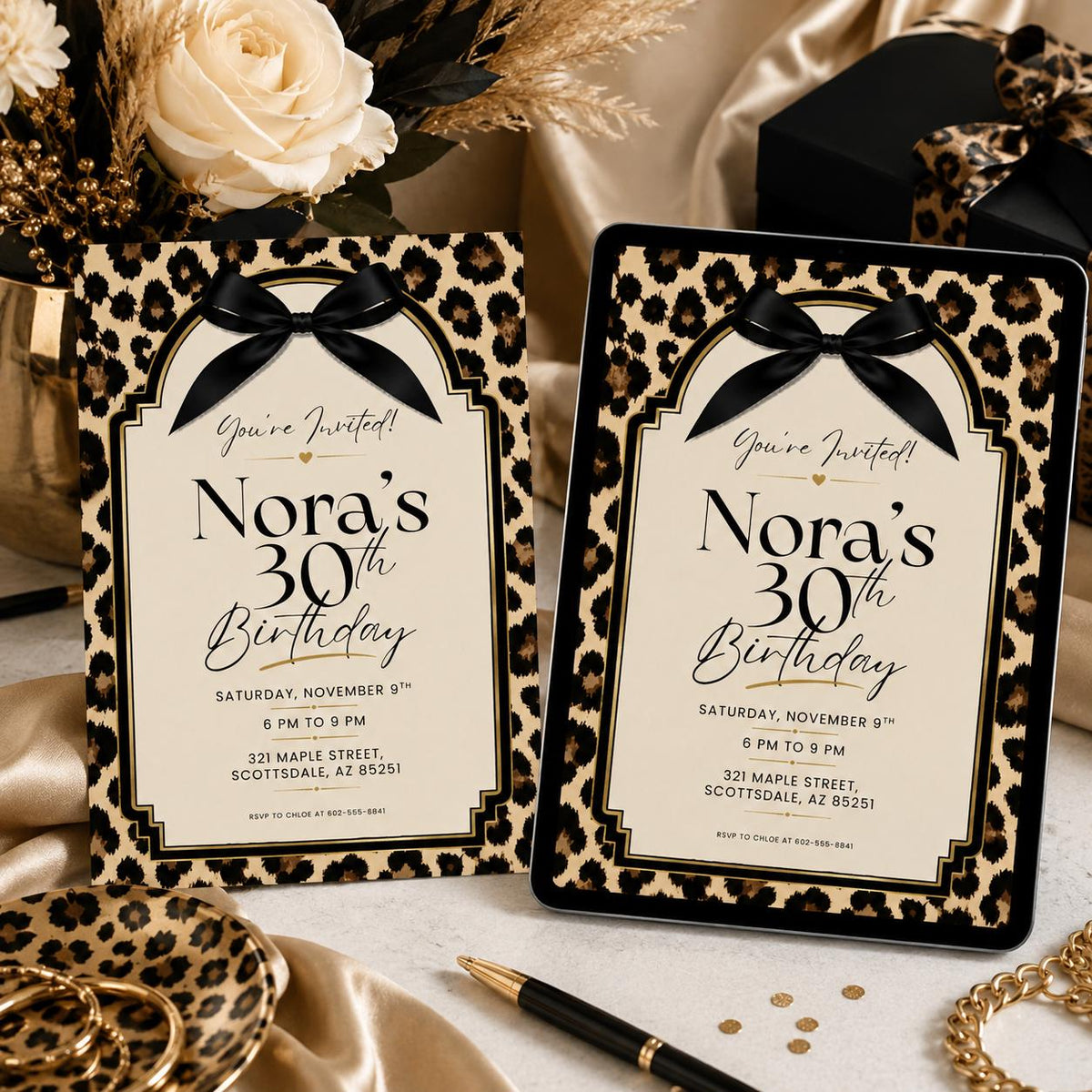 Leopard Print Black Bow 30th Birthday Invitation — digital invitation, instant download