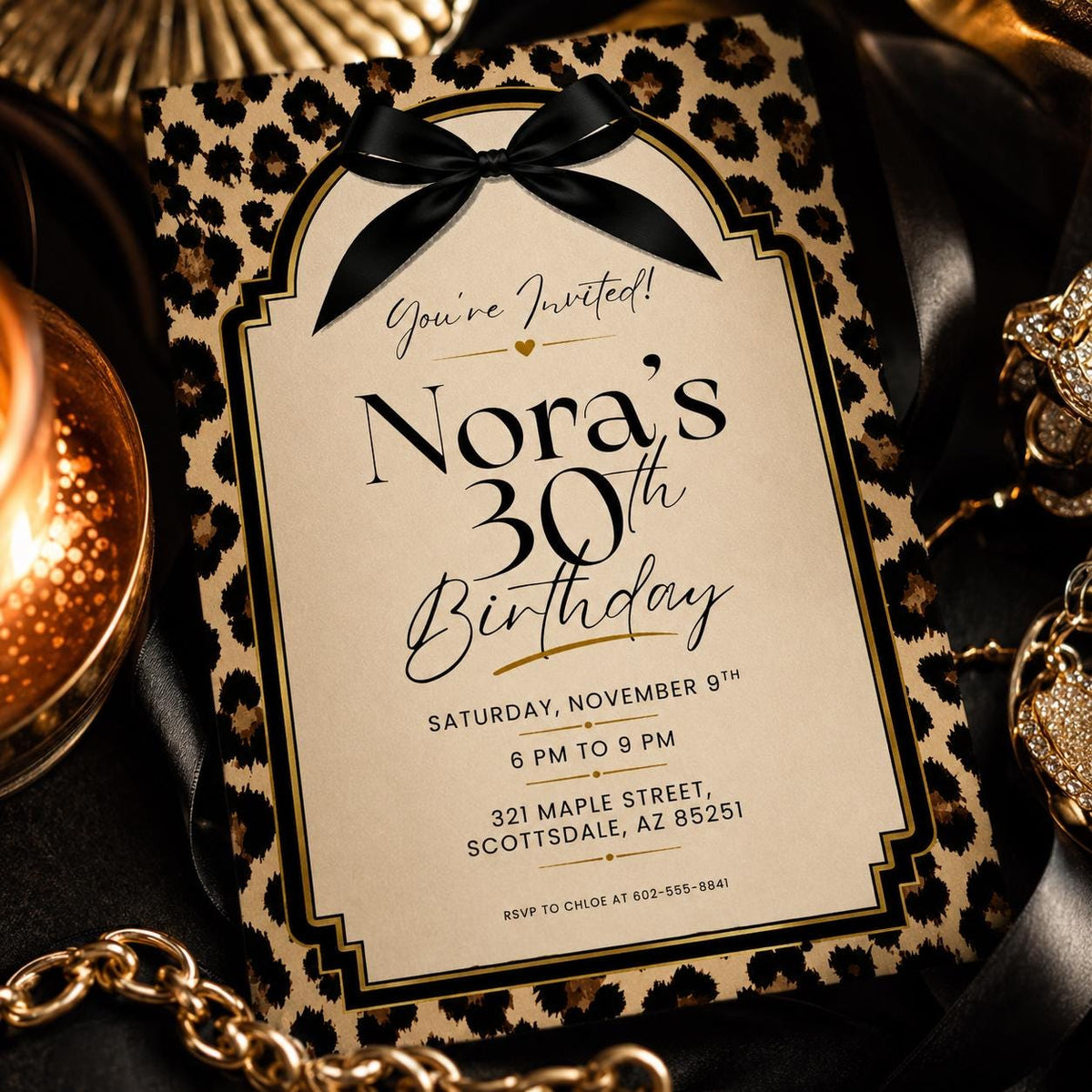 Leopard Print Black Bow 30th Birthday Invitation — print-ready 30th birthday party design from VoltBy