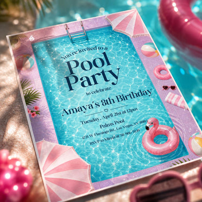 Pool Party 8th Birthday Invitation with Pink Striped Border — invitation you personalize in Canva