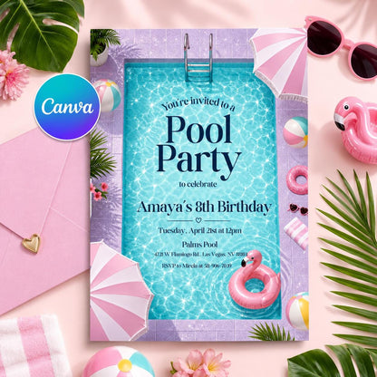 Pool Party 8th Birthday Invitation with Pink Striped Border — editable Canva template