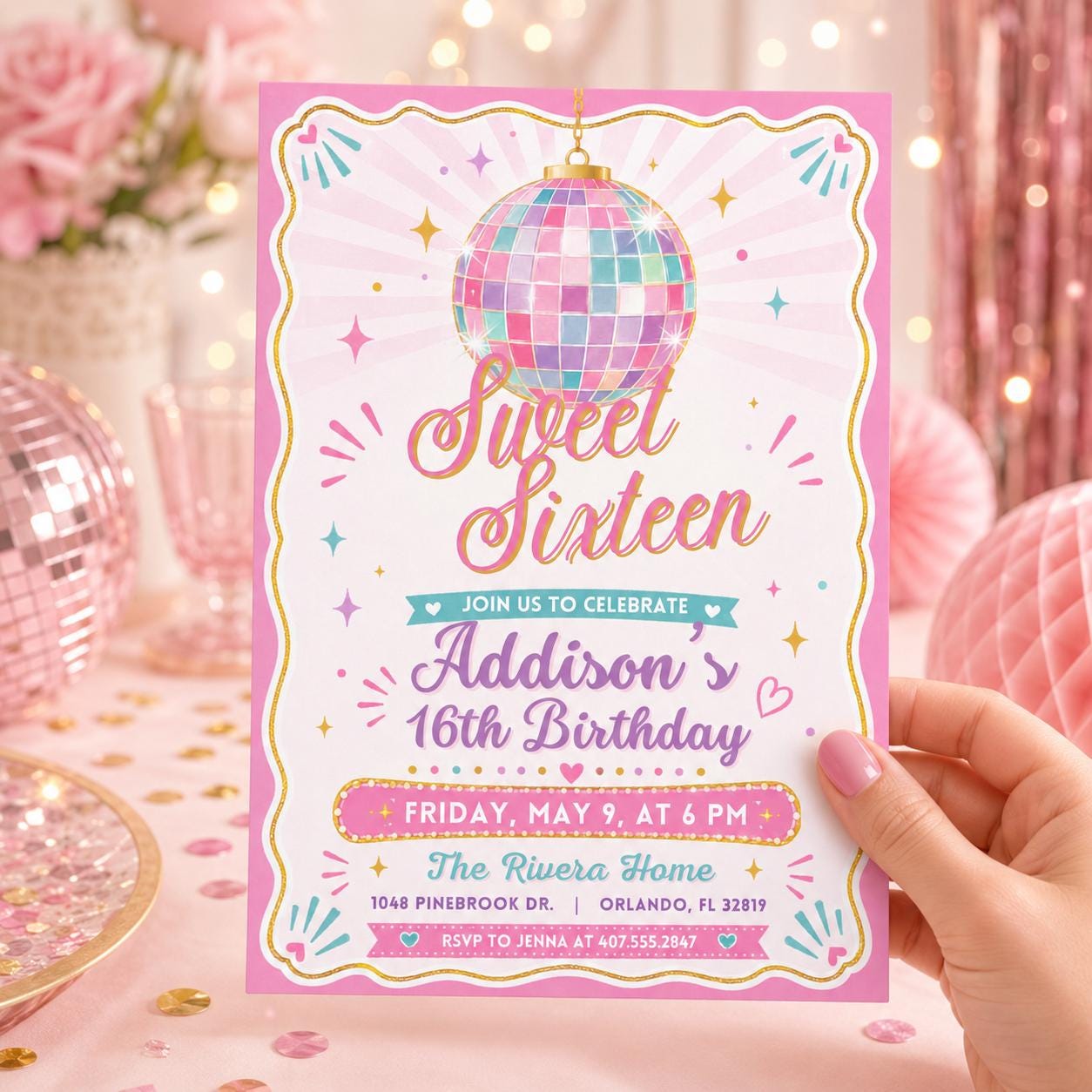 Sweet Sixteen Disco Ball Invitation, Sweet 16 Disco Ball Birthday Invite, Wavy Frame Pink, Elegant Sixteenth B-day, Canva Template __etsy:8037083514