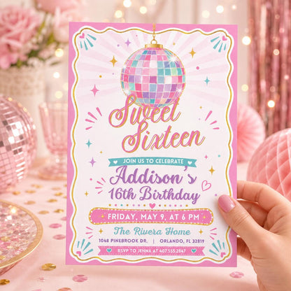 Sweet Sixteen Disco Ball Invitation, Sweet 16 Disco Ball Birthday Invite, Wavy Frame Pink, Elegant Sixteenth B-day, Canva Template __etsy:8037083514