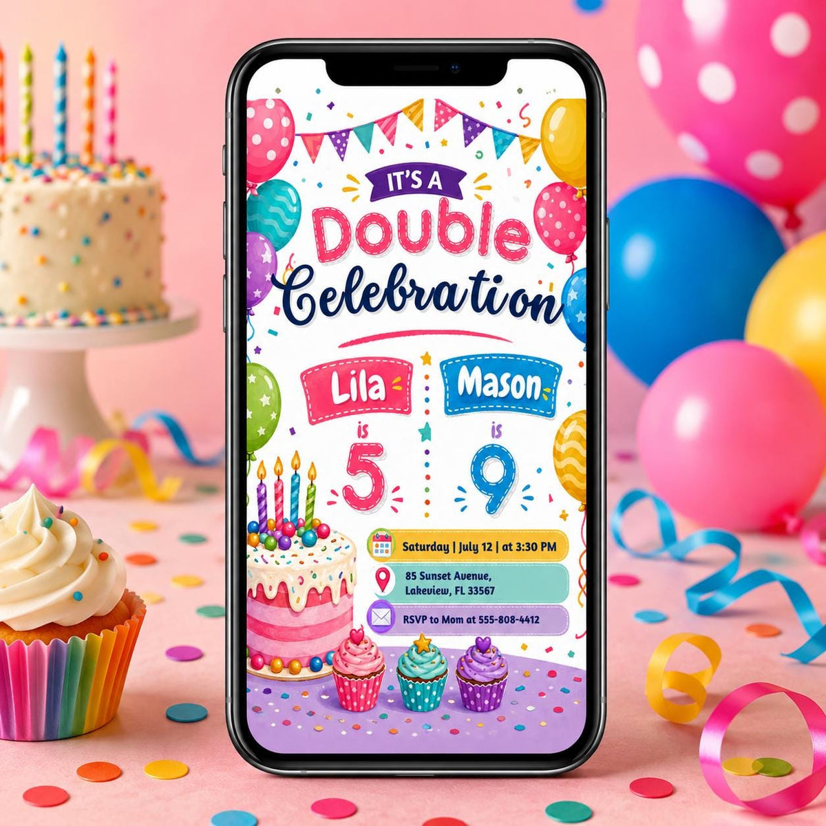 Bunting and Cupcakes Joint 5th and 9th Birthday Invitation — print-ready 5th birthday party design from VoltBy