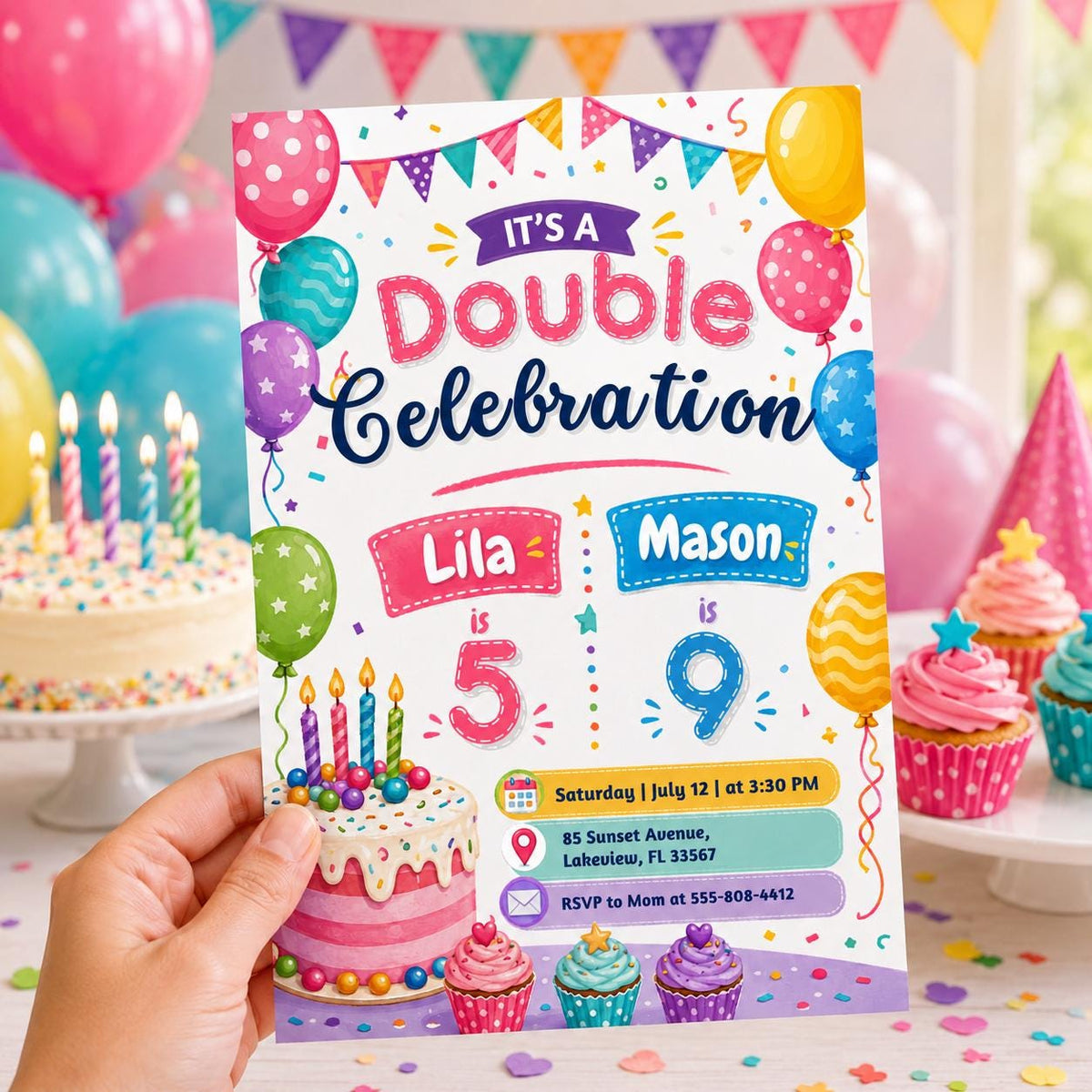 Bunting and Cupcakes Joint 5th and 9th Birthday Invitation — balloon artwork in blue pink