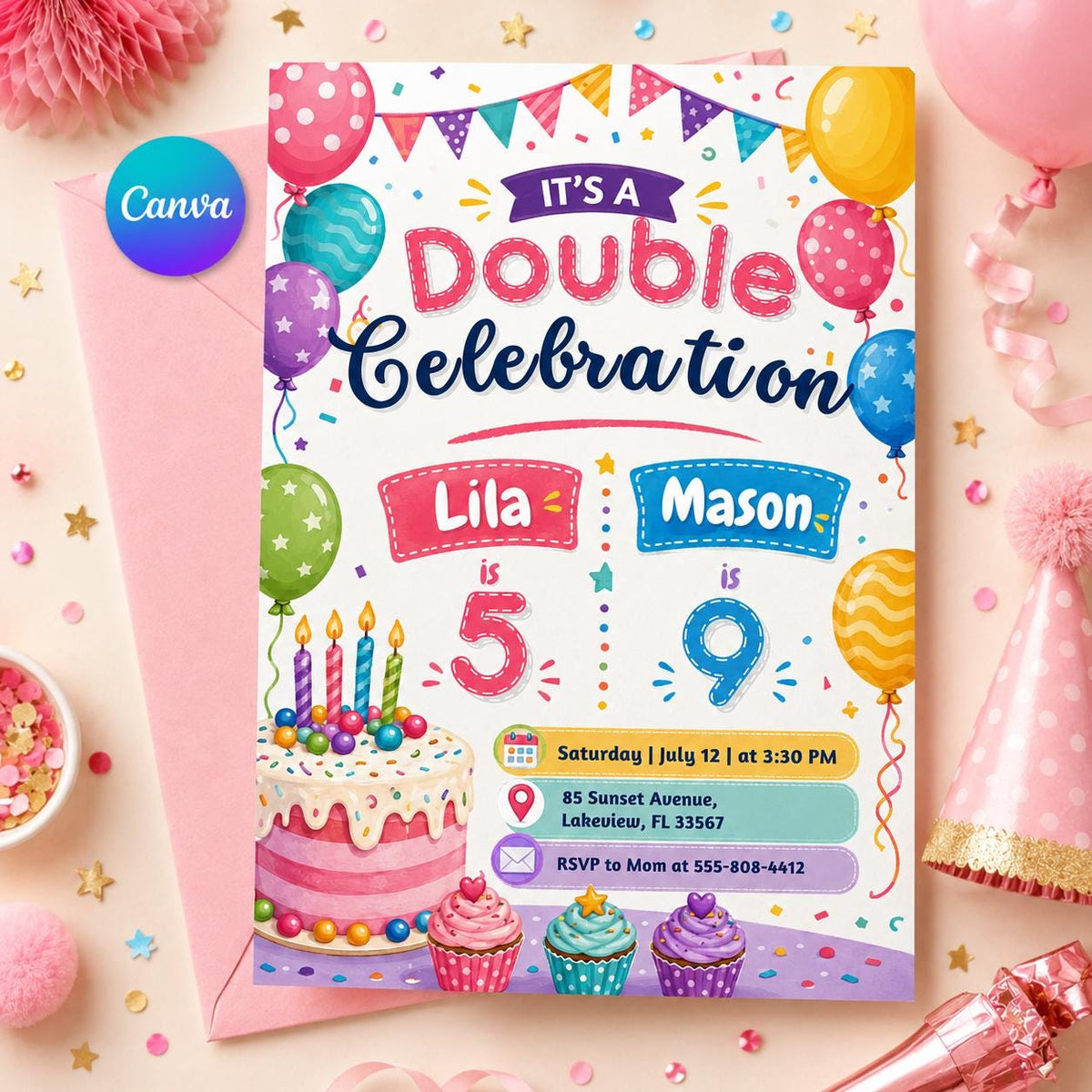 Bunting and Cupcakes Joint 5th and 9th Birthday Invitation — editable Canva template