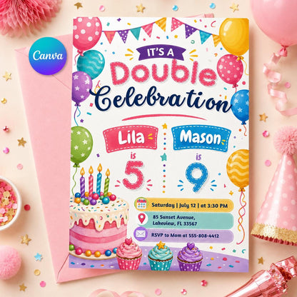 Bunting and Cupcakes Joint 5th and 9th Birthday Invitation — editable Canva template