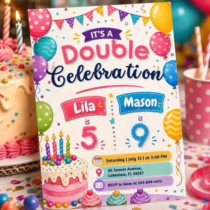 Bunting and Cupcakes Joint 5th and 9th Birthday Invitation — balloon design