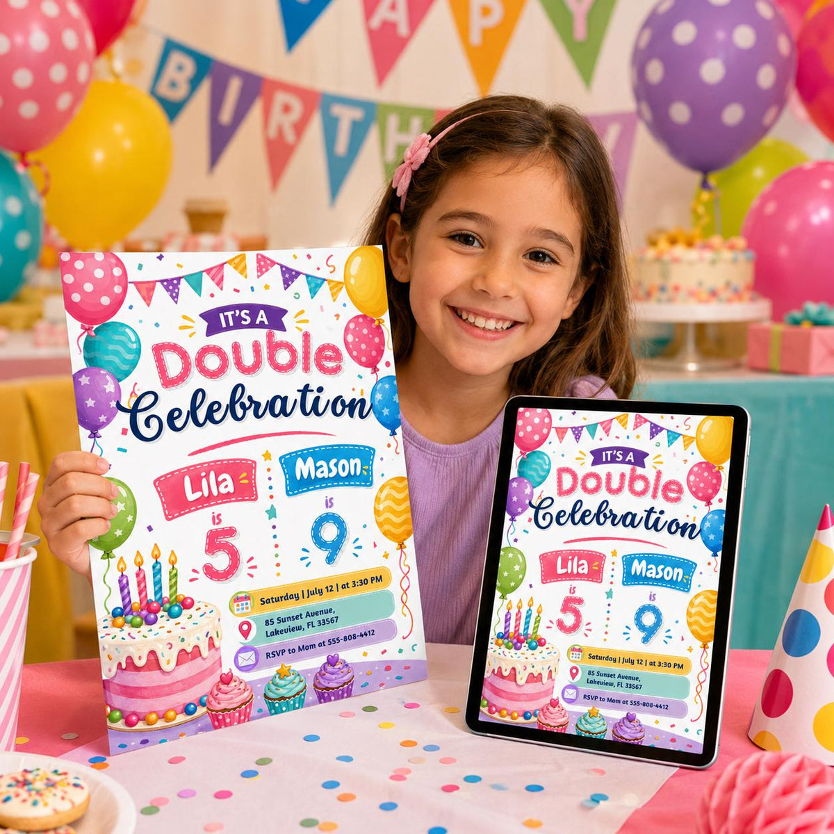 Bunting and Cupcakes Joint 5th and 9th Birthday Invitation — invitation you personalize in Canva
