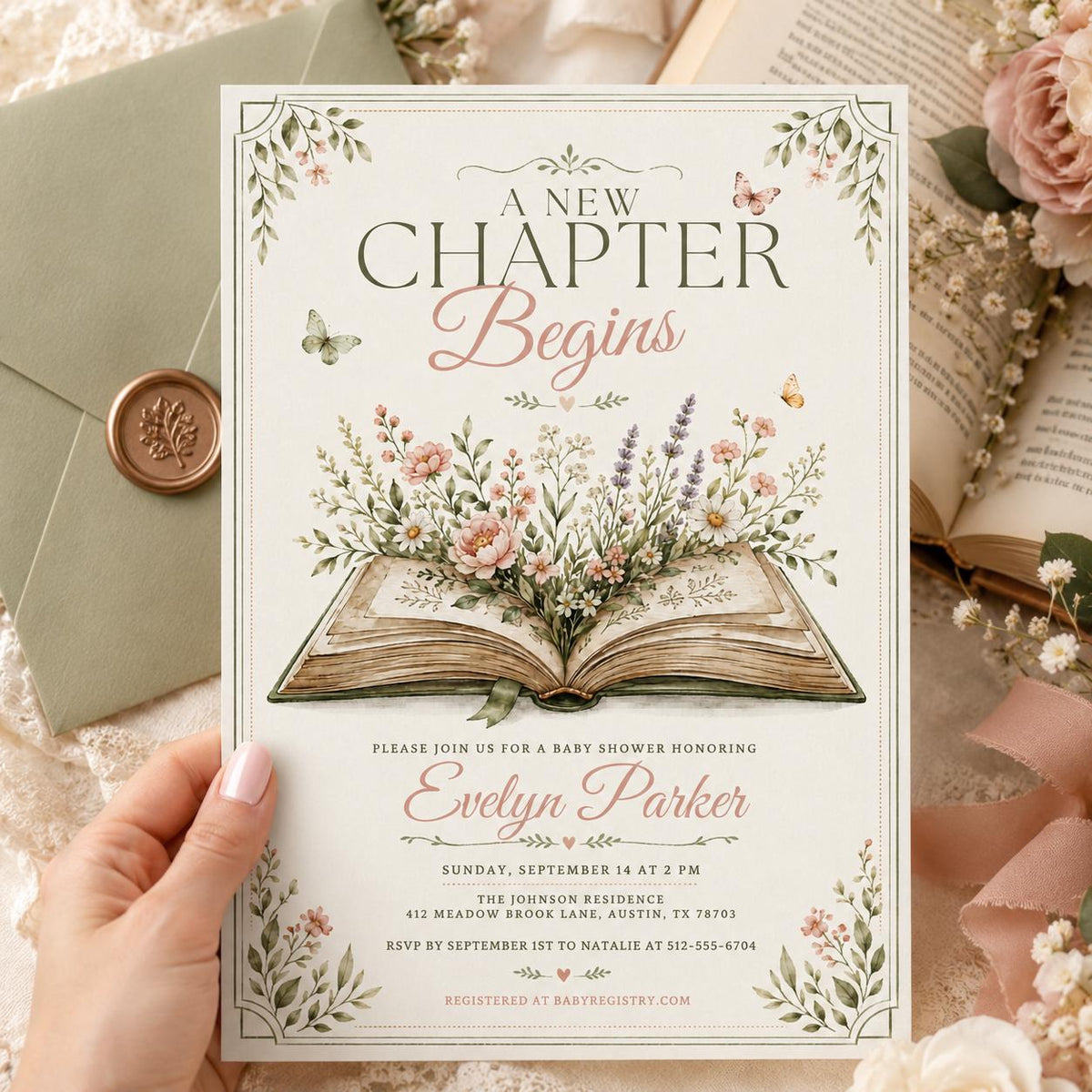 Framed Open Book Bridal Shower Invitation — butterfly and library design