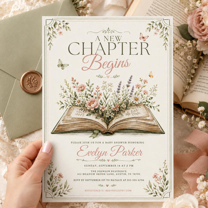 Framed Open Book Bridal Shower Invitation — butterfly and library design