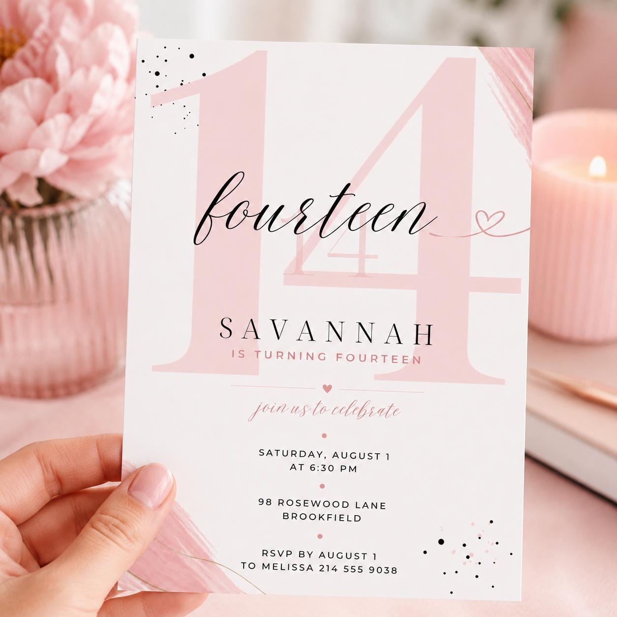 Fourteen Invitation, Fourteen 14th Birthday Pool Party Invitation, Summer Fun Vibe, Pastel Invite, Fancy Girl Party, Editable Canva Template __etsy:8037483332