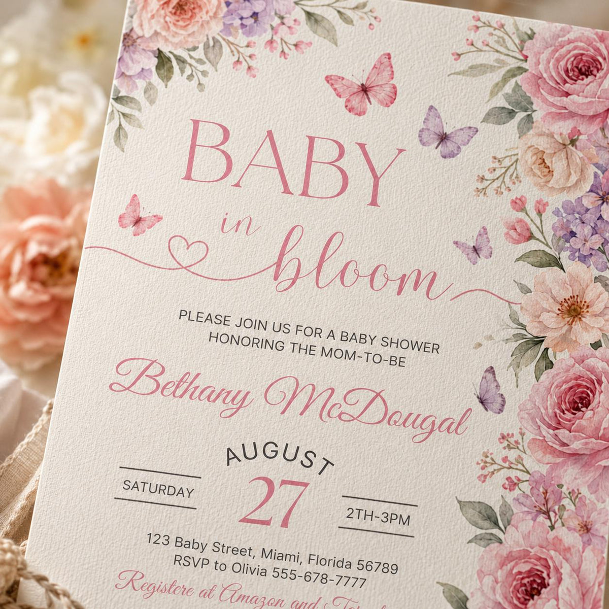Baby in Bloom Shower Invitation with Pink Floral Side Border — invitation you personalize in Canva