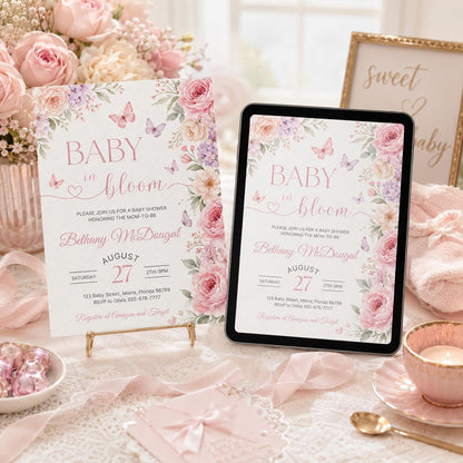 Baby in Bloom Shower Invitation with Pink Floral Side Border — butterfly artwork in white