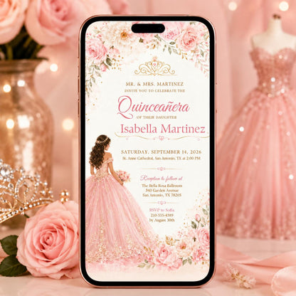 Blush Pink Quinceañera Invitation with Gown and Rose Border — digital invitation, instant download