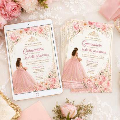 Blush Pink Quinceañera Invitation with Gown and Rose Border — design view 2