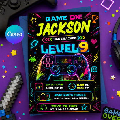 Neon Level 9 Birthday Invitation with Angled Border — editable Canva template
