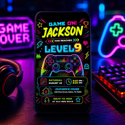 Neon Level 9 Birthday Invitation with Angled Border — invitation you personalize in Canva